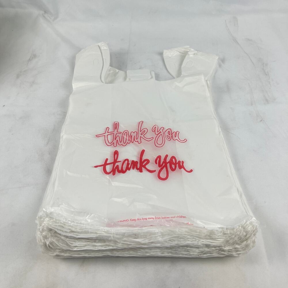 ULINE S-3632 Thank You Script T-Shirt Bags 12x7x22 .5 Mil 1000 Pcs White Red
